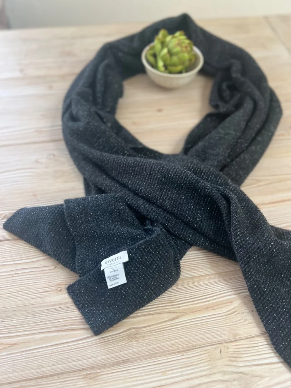 Inverni Black Cashmere Silver Metallic Scarf Made in Italy